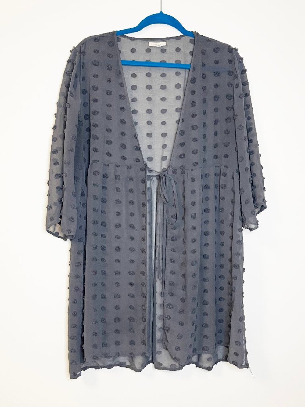 Maurices Sheer Gray Swiss Dot Kimono Tie Front Top XL Boho Lightweight